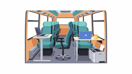 Modern mobile office interior inside a converted bus, featuring laptops, an ergonomic chair, and a printer for remote work.