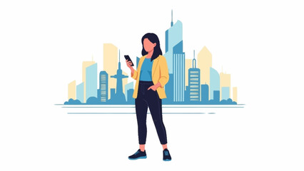 A modern woman in a yellow blazer checks her smartphone in front of a stylized city skyline.