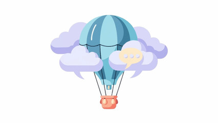 A blue hot air balloon ascends through stylized clouds, one featuring a speech bubble icon, symbolizing communication and ideas.