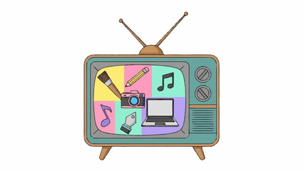 Classic television displaying a collage of creative arts, music, photography, and digital technology icons.