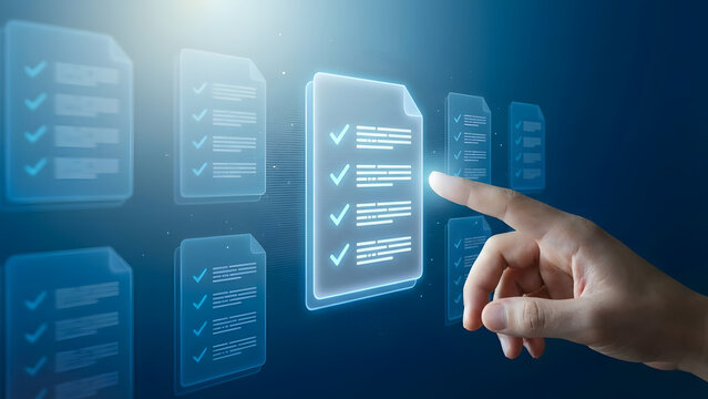 Human hand interacts with a glowing digital checklist document on a dark blue background symbolizing efficient modern task management and data handlin - Powered by Adobe