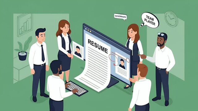 Pixel Art Team Reviews Resume on Computer Screen Background Meeting