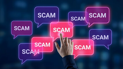 Human hand pointing to a glowing red scam message bubble surrounded by many purple scam warnings on a dark digital background