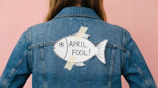 Back view of woman with paper fish taped to denim jacket for April Fools Day prank on pink background