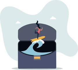 Business woman balancing on surfboard concept of success.