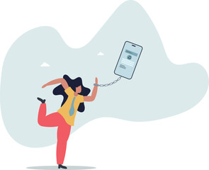 Modern man's dependence on smartphones. The woman is chained to her phone.