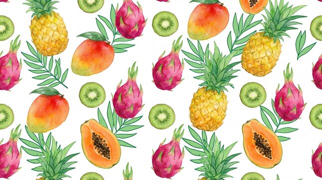 A colorful and vibrant pattern of various fruits, including pineapples, papayas, kiwis, and dragon fruits, arranged on a white background.