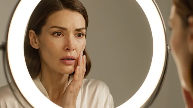 Woman touching face in ring light, concerned expression