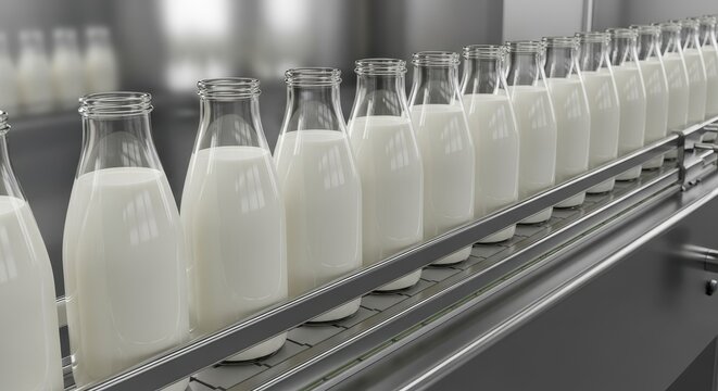 Rows of glass milk bottles on a factory conveyor belt in a dairy production line