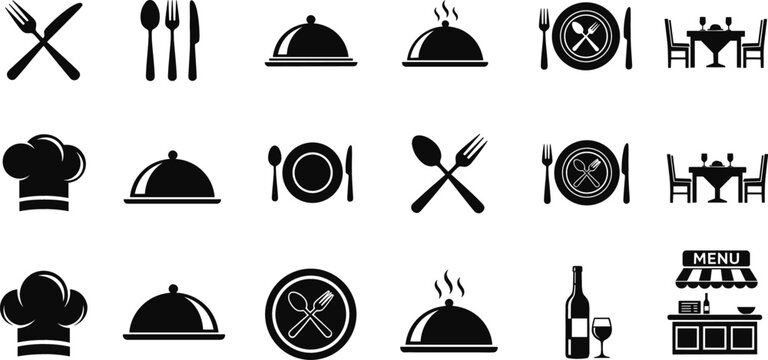 Set of restaurant and dining icons featuring chef hats, cutlery, plates, wine, food covers, and cafe menu silhouettes