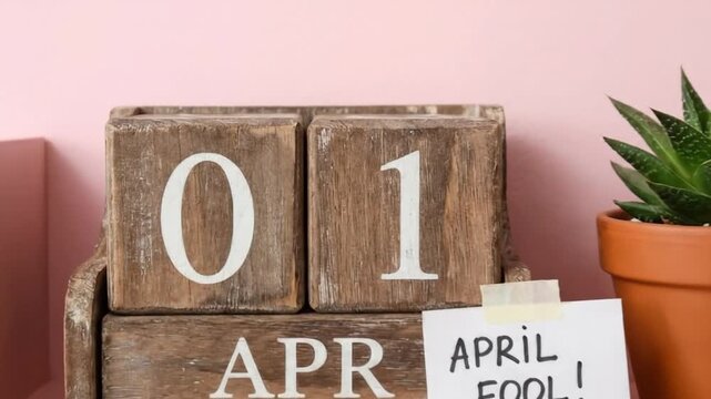 Wooden block calendar displaying 01 April with handwritten April Fool note and succulent plant on pink background zoom in