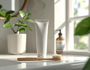 부드러운 햇살이 비치는 깨끗한 욕실 카운터 위 친환경 치약과 대나무 칫솔 Minimalist eco-friendly toothpaste tube and bamboo toothbrush on a clean bathroom counter in soft sunlight