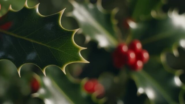 Close Up of Green Holly Leaves with Bright Red Berries in Sunlight