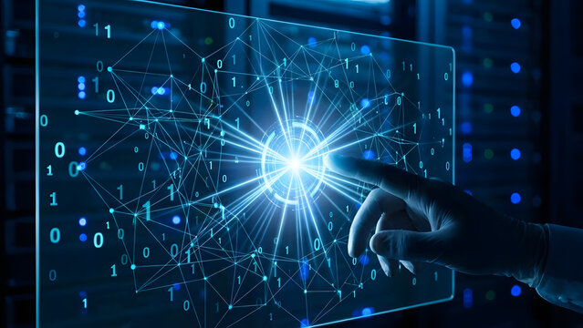 A human hand interacts with a glowing digital interface showcasing an interconnected data network and binary code in a dark server room representing a - Powered by Adobe