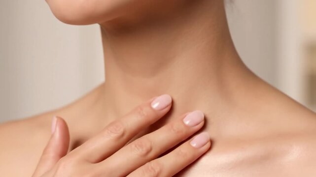 Close-up of a woman's neck and collarbone with her fingers gently touching the skin