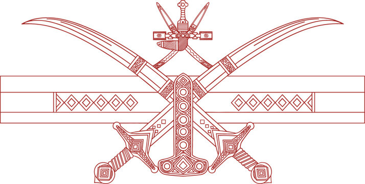 Traditional Oman national emblem vector featuring a khanjar dagger and crossed scimitars with intricate geometric patterns for cultural heritage design projects