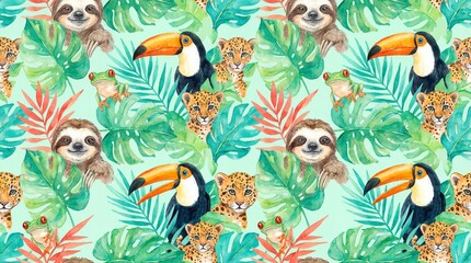 Fototapeta premium A vibrant and colorful illustration of tropical animals and plants on a light green background