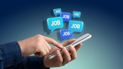Person uses a white smartphone to search for job opportunities online with glowing digital speech bubbles displaying the word JOB against a blue backg