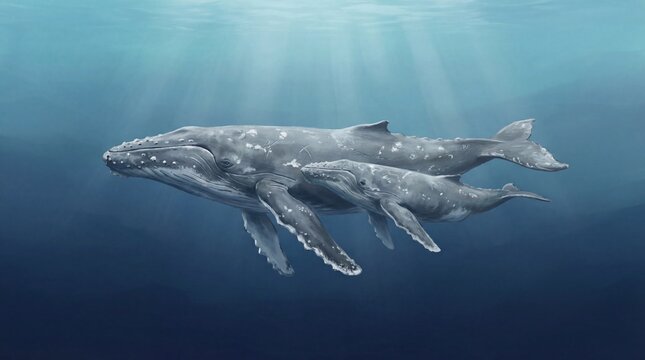 Two gray whales swim together in the ocean with sunlight shining through the water