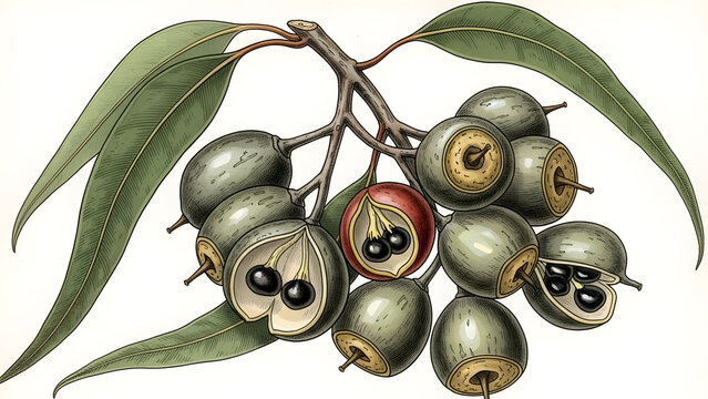 Detailed botanical drawing of gumnuts on a eucalyptus branch with green leaves and visible seeds inside