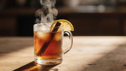 Steaming Hot Toddy Cocktail with Cinnamon and Orange Slice.
