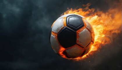 Naklejka premium Soccer ball in midair with fiery surroundings, dark cloudy contrast, and a dynamic futuristic vibe.