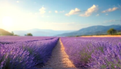 Tranquil Lavender Field Landscape with Blooming Rows, Blue Sky, and Mountain Background