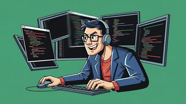 Programmer Working Hard On Multiple Screens Coding Live