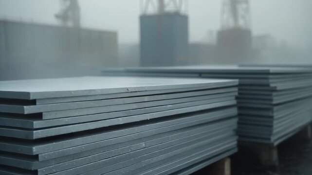 Stacked Gray Plasterboard Sheets on Pallet in Foggy Industrial Yard