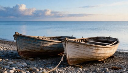 Two weathered rowboats on a rocky shoreline by a smooth blue ocean and cloudy sky. Coastal seascape with copy space, travel and maritime concept.