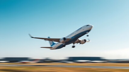 cockpit. Commercial airplane soaring into a clear blue sky with motion blur, runway visible below in soft focus. mobility guides, transit brochures, designed for mobility and urban transit guides.