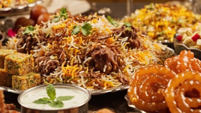 Assorted Indian sweets and savory dishes on display.