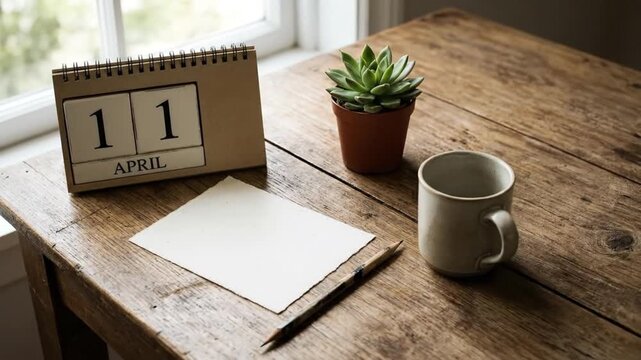 April 11 date on wooden block calendar with blank paper pencil and coffee cup on rustic desk