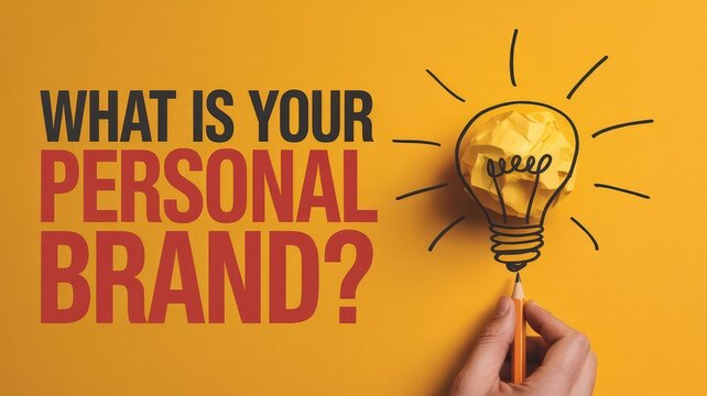 Concept of defining personal brand identity illustrated by a hand drawing a bright idea lightbulb using crumpled yellow paper on a vibrant background
