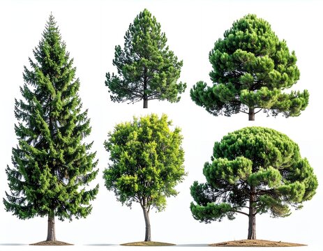 Diverse Tree Collection - Isolated Green Trees on White Background.