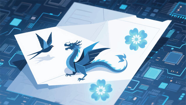 Illustration Of An Electronic Paper Sheet That Can Fold Itself Into The Shape Of A Glowing Bird, Dragon, And Flower With A Microchip Pattern On The Surface Vector Design Template