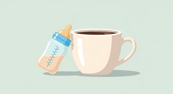 Contrast between baby bottle and coffee mug: parenthood and coffee break concept