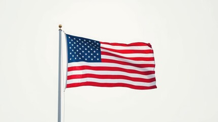Obraz premium An American flag waves proudly against a bright white sky showcasing patriotism and the symbolism of freedom in the United States of America.