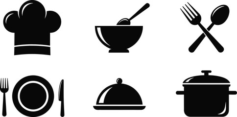 Professional cooking icon set with chef hat mixing bowl cutlery plate cloche and cooking pot for restaurant cafe and culinary branding