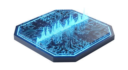 Blue Hexagonal Circuit Board with Glowing Data Waves isolated PNG with Transparent Background