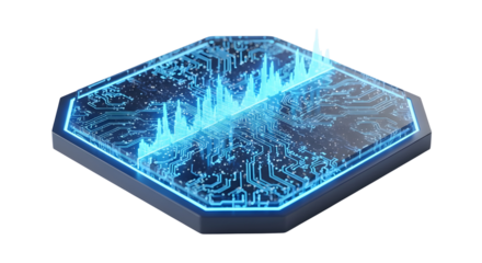 Blue Hexagonal Circuit Board with Glowing Data Waves isolated PNG with Transparent Background