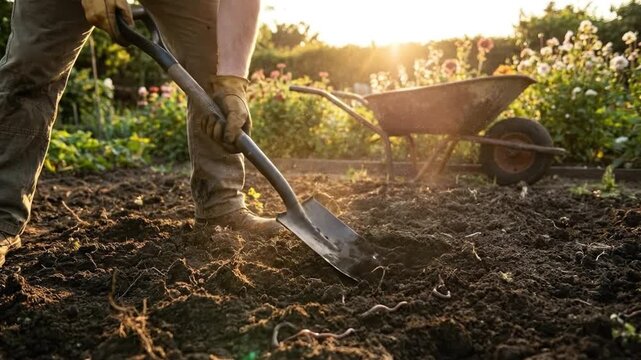Gardener digging soil with shovel in sunny garden with wheelbarrow and earthworms at sunset