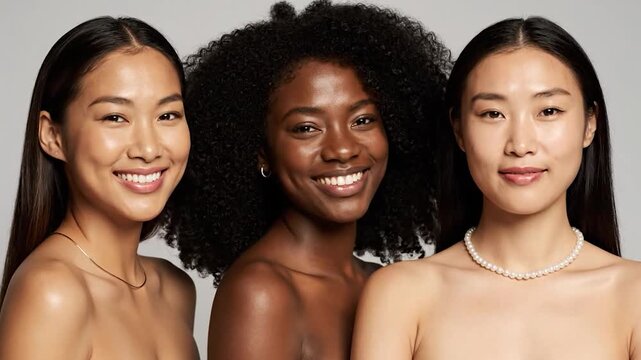 Three women of diverse backgrounds smiling, showcasing radiant skin and different hairstyles