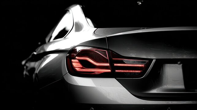 Automotive tail light detail sleek silver car against dark background
