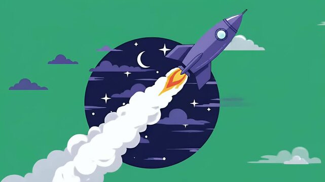 Purple Pixel Rocket Launching Into Starry Night Sky