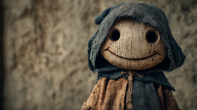 Wooden doll wearing brown tunic w/ black cloak, mischievous & chaotic smile, evil mocking eyes, hood up, anime art style