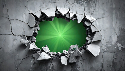 壁を突き破った穴とグリーン背景 ― 破壊と突破のコンセプト。Hole in Cracked Wall with Green Background - Breakthrough Concept.