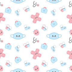 Cute medical seamless pattern with bandages, pills, face masks, stethoscope, and first aid icons. Healthcare and medicine concept. Kawaii cartoon vector illustration background