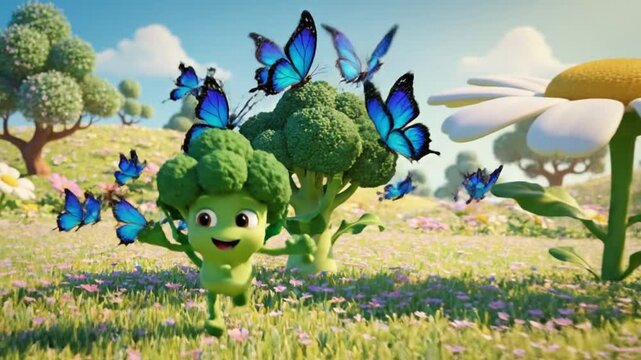 Happy anthropomorphic broccoli character dancing with blue butterflies in a whimsical, vibrant meadow, surrounded by mushrooms and trees, in a 3D cartoon style with a playful atmosphere.