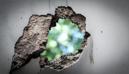 壁を突き破った穴とグリーン背景 ― 破壊と突破のコンセプト。Hole in Cracked Wall with Green Background - Breakthrough Concept.